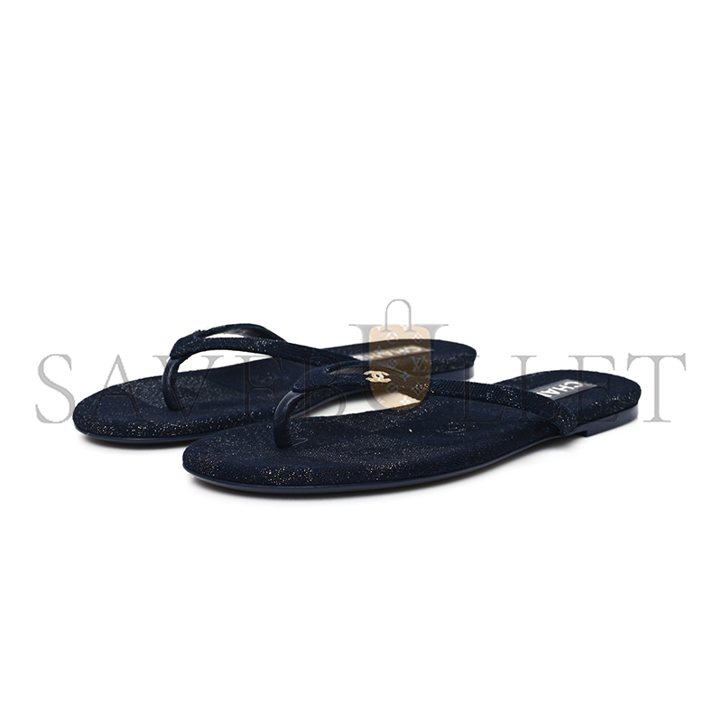 CHANEL COTTON SILK CRYSTAL CC THONG SANDALS DARK BLUE SILVER 362268